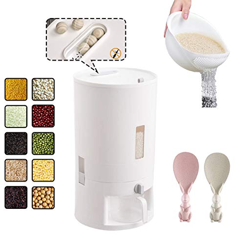 Rice Dispenser rice Storage Box, Large Kitchen Food Grain Storage Container, Automatic Grain Storage Bin, Household rice bucket with lid, measuring cup, drain basket, rice spoon-Wihteâ€¦ (white 6kg)
