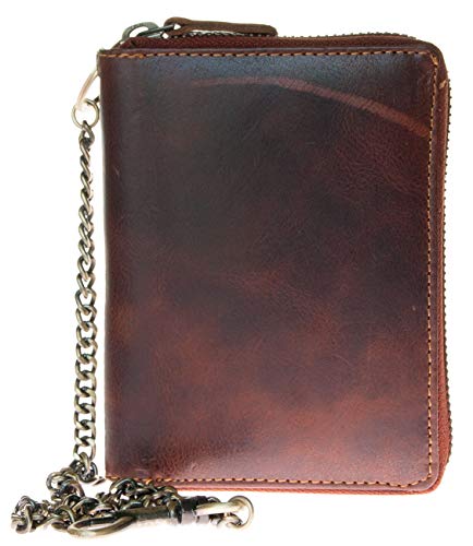 FLW RFID Large Men's Biker's Metal Zip-around Genuine Leather Wallet with Metal Chain to Hang