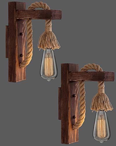 Applique Murale Industrielle Vintage Bois, Lampe Murale Rétro avec Ampoule, Lumiere Murale Intérieur E27, Luminaire Mural en Corde de Chanvre pour Bar Café...