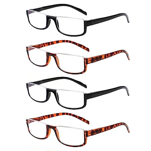 Image of Henotin 4 Pair Reading Glasses for Women Men Readers Half Moon Frame Blue Light Blocking Spring Hinge Eyeglasses (2Black2Leopard, 2.25, diopters)