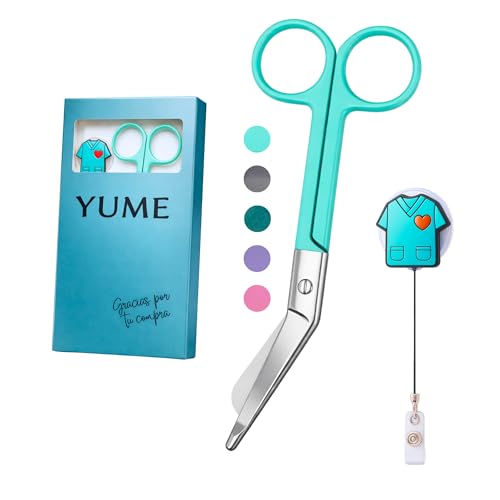 YUME Tijeras Enfermería de Acero Inoxidable con Punta Roma + Llavero Retráctil de Regalo | Tijeras Punta Pico de Pato | Regalos Perfectos para Enfermeras | TCAE accesorios (color Azul)