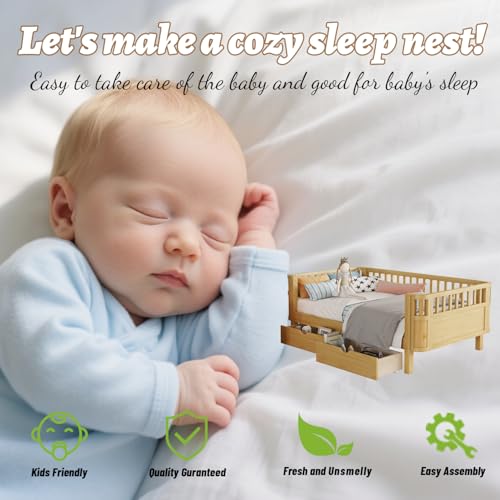 OYUMOENTS Twin Size Kids Bed Frame, Low Profile Montessori Twin Bed with Rails, Wood Daybed with Storage Drawer for Girls & Boys, No Spring Box Required, No Squeaks, Natural