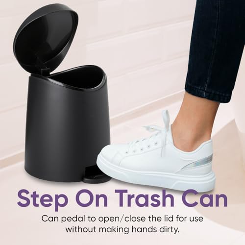 Image of Superio Mini Bathroom Trash Can with Lid 3 Liter, Plastic Waste Bin 0.75 Gallon, Modern Flat Lid Step On Trash Can with Foot Pedal, for Bathroom, Bedroom, Office, Under Desk, Soft Close (Black)