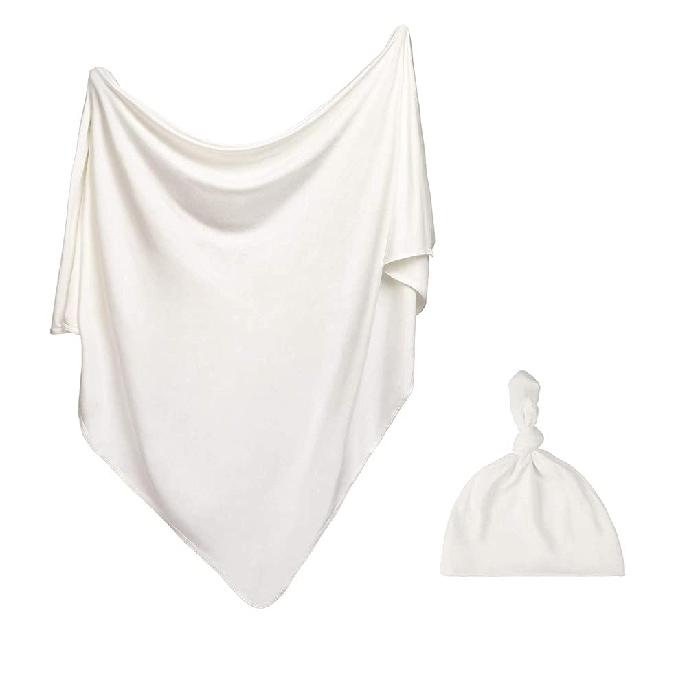 iEvolve Cotton Knitted Baby Swaddle Blanket with Hat Headband Set Newborn Swaddle Wrap Receiving Blankets for Baby Girl Boy 45" x 45"(White)
