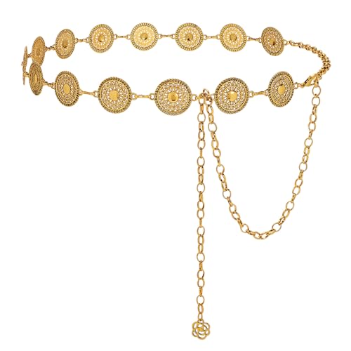 LEACOOLKEY Women Gold Metal Concho Chain Belt Western Cowgirl Country Boho Waist Belt for Dress Jeans Style 1-Gold Fit for waist up to 34