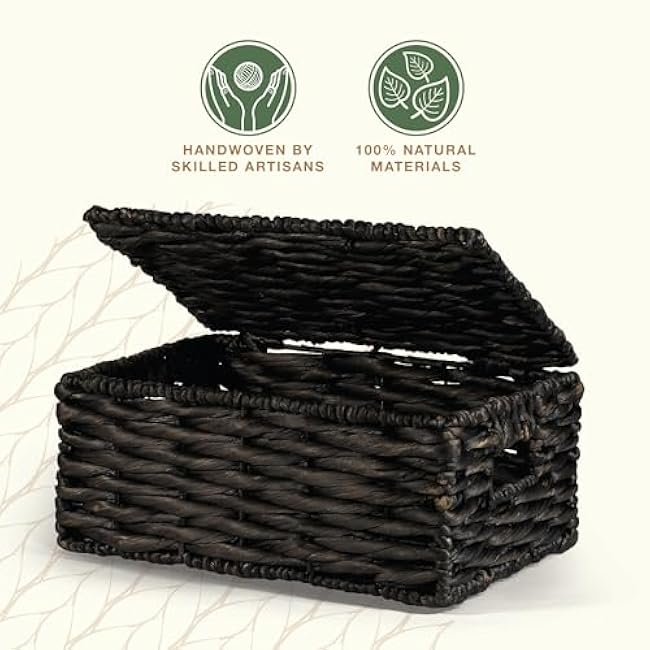 Wicker Basket with Lid - Decorative Storage Boxes for Home Decor, Shelves - Woven Basket with Lid - Wicker Decor - Rattan Box - Decorative Bins with Lids (Black)