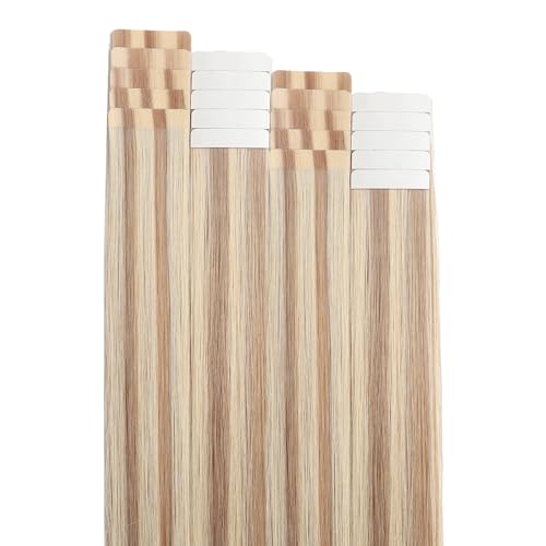 Image of Tape In Hair Extensions Human Hair Golden Brown and Bleach Blonde
