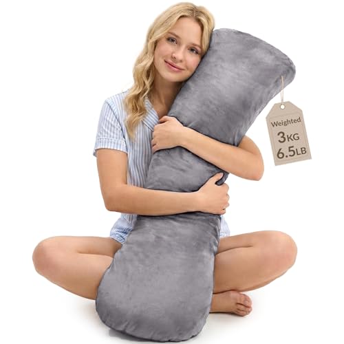 ODOXIA Weighted Pillow for Adults 6.5lbs (41 x 12) | Sleep Better & Feel Calm | Weighted Body Pillow for Stress Relief | Sleeping Hugging Pillows for Adults | Helps to Focus | Pillow (Grey Big)