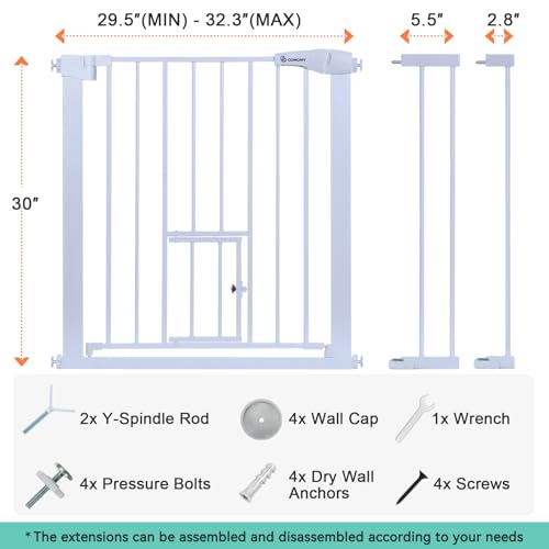 COMOMY Türschutzgitter mit Katzenklappe, 75-103cm Treppenschutzgitter ohne Bohren für Hunde und Katzen, Autoclose, Erweiterbar Türgitter Absperrgitter mit 7cm und 14cm Verlängerungen, Weiß