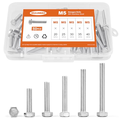 Image of M5 x 20mm 25mm 30mm 35mm 40mm Heavy Duty Hexagon Bolts Hex Head Screws, 304 Stainless Steel, Metric Fully Thread, Machine, Bright Finish, Assortment Kit 50PCS