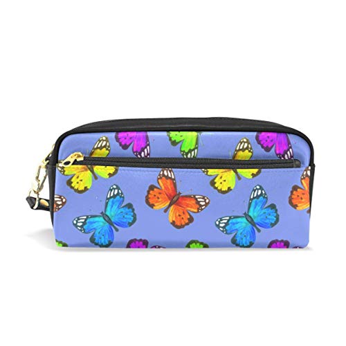 Preisvergleich Produktbild KKLDOGS Bunte Schmetterlinge Blumen Federmäppchen Leder Make-up Tasche Schreibwaren Stifttasche Reise kleine Kosmetiktasche