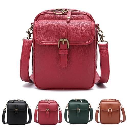 2025 Upgrade Vintage Messenger Bag, Double Layer Large Capacity Mini Messenger Bag, with Built in Wallet, Leather Small Purse Crossbody Shoulder Bag for Women Men (Red)