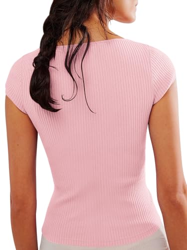 Image of Yousify Women's Short Sleeve Summer Tops 2025 Trendy Ribbed Knit Button Down Tight Basic Tees Shirts Going Out Y2K Clothes