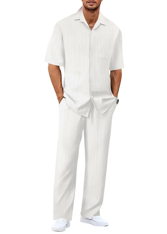 Sommer Outfit Herren Zweiteiler Leichter Freizeitanzug Regular Fit Kurzarm Hemd Lange Hose Set