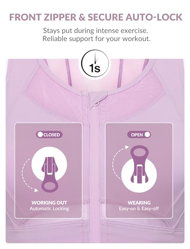 Image of Yvette Women's Sports Bra Front Zipper High Impact Support Mesh Racerback | Plus Size Friendly,Sewn-in Pads Stay Put,Wirefree & Supportive,Breathable,Secure Zip Closure,For Large Bust,Running,Gym,HIIT