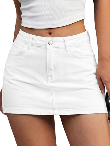 ELLEVEN Denim Mini Skirt for Women Low Waisted High Stretch Bodycon Jean Skirt with Shorts Underneath Casual Summer Cute Jean Skorts with Pockets White Medium