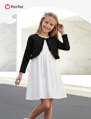 Image of PATPAT Girls Cardigan Bolero Size 4-12 Years Kids Knit Long Sleeve Ruffle Open Front Button Cover Up Cropped Tops for Girls