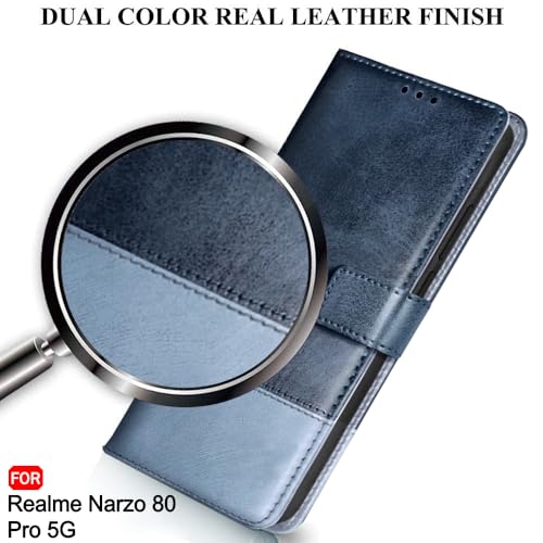 Image of TheGiftKart Flip Back Cover Case for Realme Narzo 80 Pro 5G | Dual-Color Leather Finish | Inbuilt Stand & Pockets | Wallet Style Flip Back Cover for Realme Narzo 80 Pro (Faux Leather, Blue & Sky)
