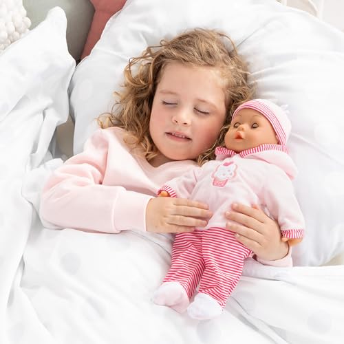 Babypuppe First Words mit Schlafaugen, spricht 24 Babylaute, mit Schnuller und Flasche, 38 cm, Rosa/Streifen