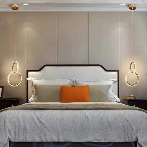 Image of Smartway Itzel 12 Watt Double Ring Pendant Light | Gold Hanging Ceiling Lamp with Crystal Textured | Adjustable Hanging Light for Bedroom, Living Room, Dining Area, Cafe, Restaurant & Office
