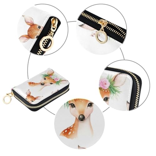 GAIGEO Cute Deer Florals White Animal Wallets for Women Leather RFID Blocking Credit Card Holders Minimalist Zipper Change Purse with Key Ring4