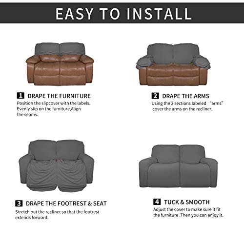 Image of Easy-Going 6 Pieces Microfiber Stretch Sectional Recliner Sofa Slipcover Soft Fitted Fleece 2 Seats Couch Cover Washable Furniture Protector with Elasticity for Kids(Recliner Loveseat, Gray)