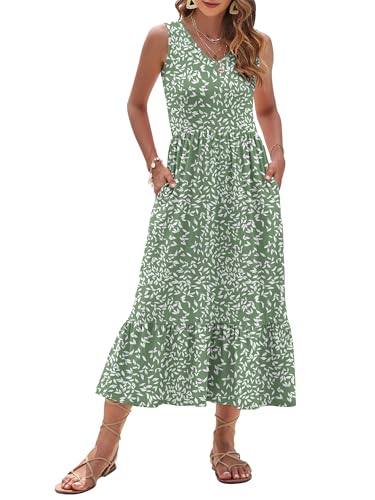 Image of AUSELILY Womens Summer Maxi Dress Casual Sleeveless V Neck Floral Dresses | A line shape with practical side pockets, Vacation dress for resort walks, Pair with low heels and simple jewelry