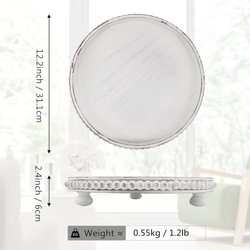 GMFrames Round Decorative Tray Coffee Table Tray with Wood Beaded,Rustic Centerpiece Serving Tray for Farmhouse Kitchen Decor,Bathroom Organizer White - Image 2