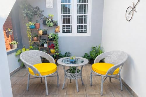 Image of India Garden Patio Seating Chair and Table Set Outdoor Balcony Garden Coffee Table Set Furniture with Table and Chairs Set (Grey with Yellow Cushion 2+1)