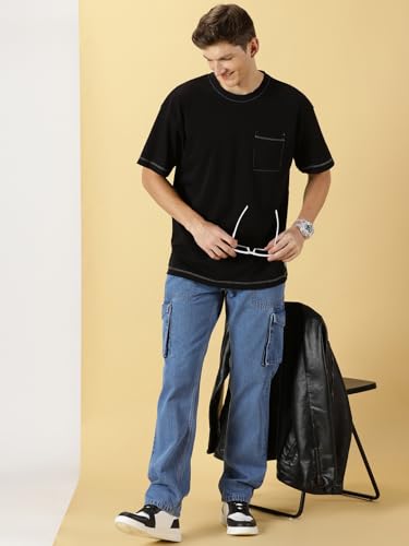 Image of Thomas Scott Men Comfort Relaxed Fit Clean Look Light Fade Pure Cotton Cargo Jeans, Mid Rise, Blue, 32