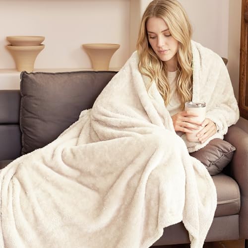 Image of Exclusivo Mezcla Plush Fuzzy Fleece Bed Blanket Queen Size, Super Soft, Fluffy and Warm Blankets for Couch, Bed, All Season (Ivory, 90x90 inches)