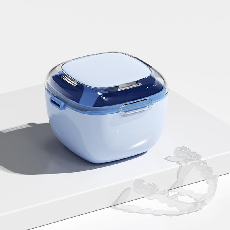 Estuche para dentadura postiza transparente con cesta de enjuague extraíble, estuche de dentadura para limpieza, remojo y almacenamiento de