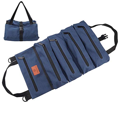 Roll Up Tool Bag,Multi-Purpose Tool Organizer,Canvas Tool Roll Pouch with 5 Spacious Pockets (Blue)
