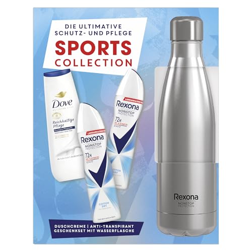 Rexona Geschenkset für Frauen Sports Collection Pflegeset mit 2x Anti Transpirant (2x 150 ml), Duschcreme (225 ml) und einer Trinkflasche aus Edelstahl (750 ml)