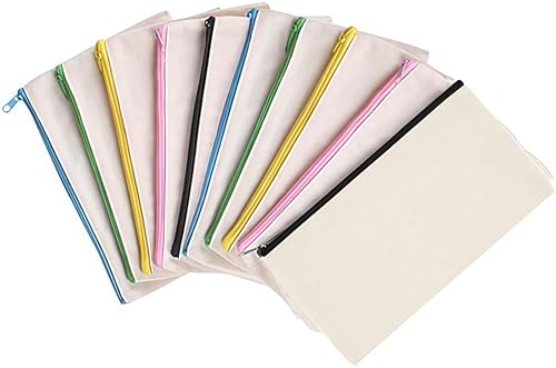 Loopunk 10PCS Blanko Stoffbeutel,Blanko StoffFedermäppchen,Federmäppchen aus Leinen mit Reißverschluss,kulturtasche,Schminktasche,Dokumententasche21 x 12 cm(Farbiger Reißverschluss)