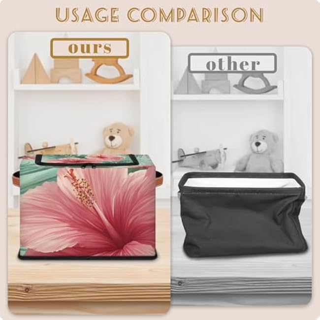 Storage Baskets with Lid Hibiscus Flower Palm Leaves Storage Bins Storage Box Collapsible Canvas Closet Shelf Basket Toy Book Clothes Organizer 2 pack