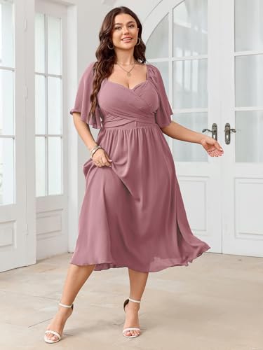 Image of SHESTARR Women's Plus Size Midi Dress Sweetheart Neck Short Sleeve Wedding Guest Cocktail A Line Flowy Dress