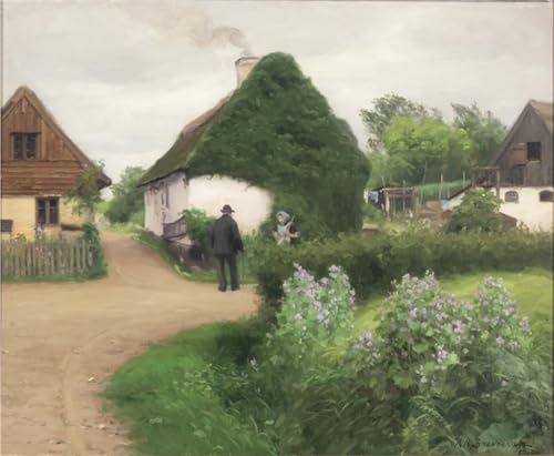 Toile paysage de village Hans Brendekilde tableau decoration maison chaleureuse