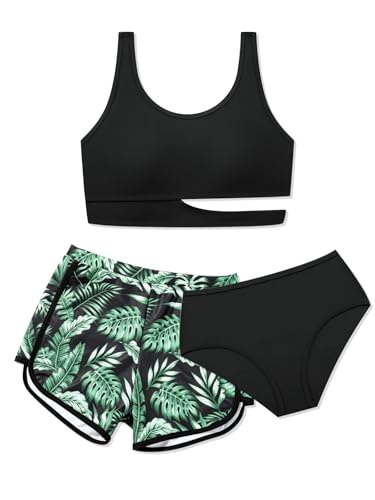 Image of Girls Swimsuit 3 Piece High Waist Sport Bathing Suit Quick Dry Bikini Tankini Sets with Shorts for 7-16