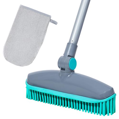 Image of 180Rotating Head Rubber Broom with Squeegee for Pet Hair Removal - 51 inch Iron Handle Fur Remover Rake Brush for Carpet, Hardwood & Tile Floors, Includes Pet Hair Removal Gloves (Blue)
