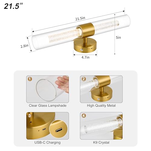 Easy Install Battery Operated Wall Sconce, Rechargeable Wireless Wall Sconces Set of Two 10000mAh 3000K/4500K/6000K Timer Function Battery Operated Wall Light with Remote Control for Living Room Gold