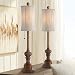 Bertie Traditional Buffet Table Lamps Set of 2 Warm Brown Wood Tone Tall Fabric Drum Shade for Dining Room - Regency Hill