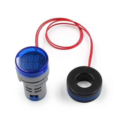 22mm AC 20-500V 0-100A 丸型ミニデジタル電圧計電流計テスターメーターデュアルLEDインジケータパイロットランプライト(Blue)