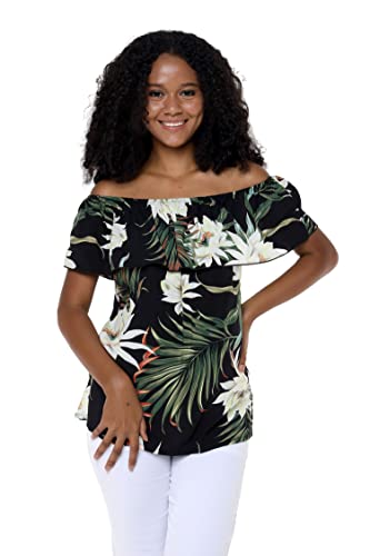 Image of Family Matching Hawaiian Clothes, Wispy Cereus Black | Lightweight 100% rayon • Family matching outfits • Tropical floral print • Beach vacations • Luaus • Cruises • Family photos
