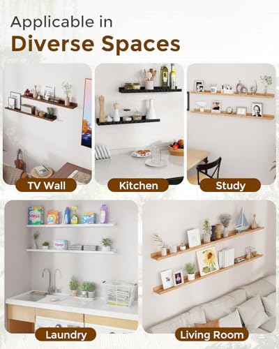 Image of OXMIC Engineered Wood Floating Picture Ledge Shelves, Shelf for Bedroom, Wall Mounted Shelves, Wall Shelf, Wall Shelves for Living Room, Floating Shelf for Wall, 40.6 x 12.7 cm, Set of 3, Dark Brown