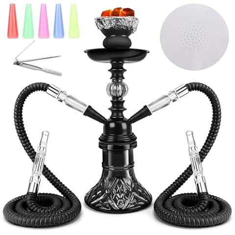 Hookah set, Get Funky 2 Hose 11" Hookah Shisha with Glass Base Silicone Hookah Bowl Upgraded Hookah Hose - Black Cover