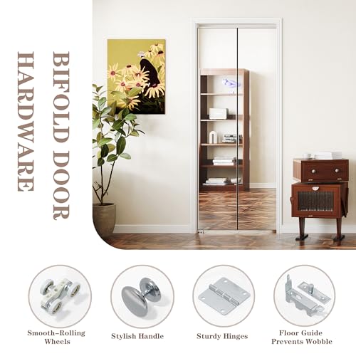 Image of Bifold Door for 30 inchx80 inch Opening, Preassembled Aluminum Alloy Mirrored Folding Door with Hardware Kit Included, Interior Bi fold Barn Door for Bedroom & Closet, Black