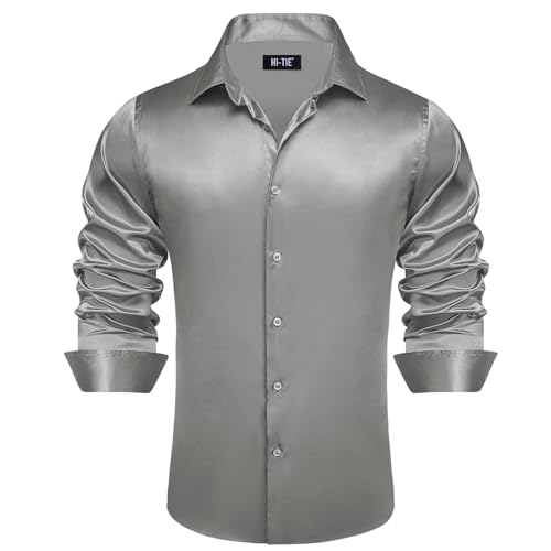 Image of Hi-Tie Men's Silk Satin Dress Shirts Long Sleeve Shiny Casual Button Up Shirts Luxury Party Disco Prom Wedding Shirt