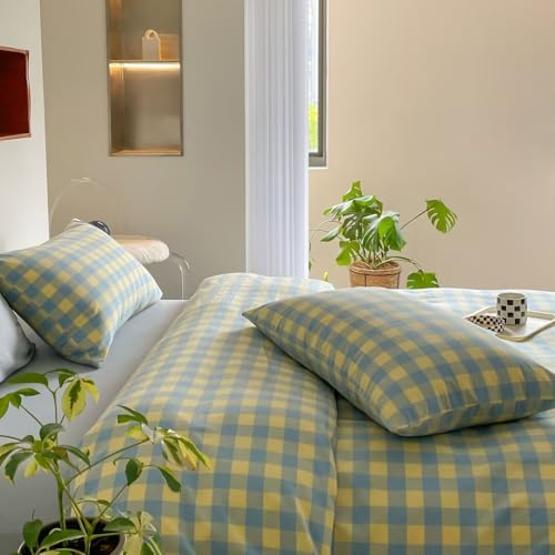 Image of MKXI Reversible Blue Yellow Plaid Duvet Cover - 100% Washed Cotton 3pc Set, Vintage Checkered Comforter Cover for Coastal & Retro Decor (King)