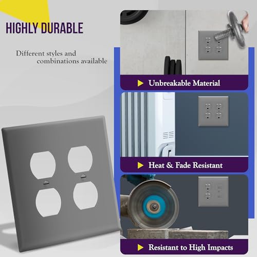 Image of ENERLITES Double Duplex Wall Plate, Two Electrical Outlet Cover, Mid-Size 2-Gang 4.88 inch x 4.92 inch, Unbreakable Polycarbonate Thermoplastic, UL Listed, 8822M-GY, Gray